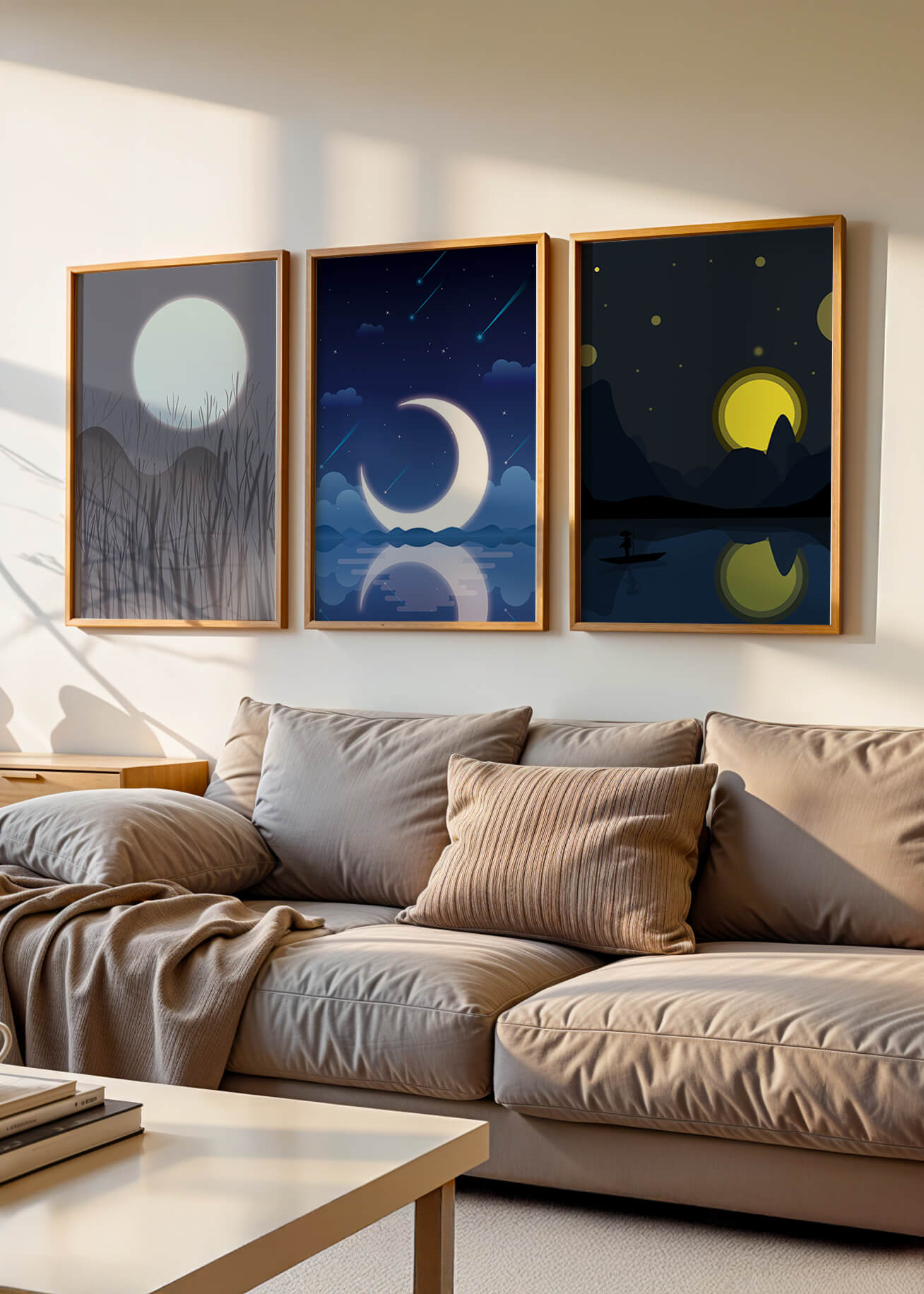 Paysages nocturnes avec lune et étoiles dans des cadres