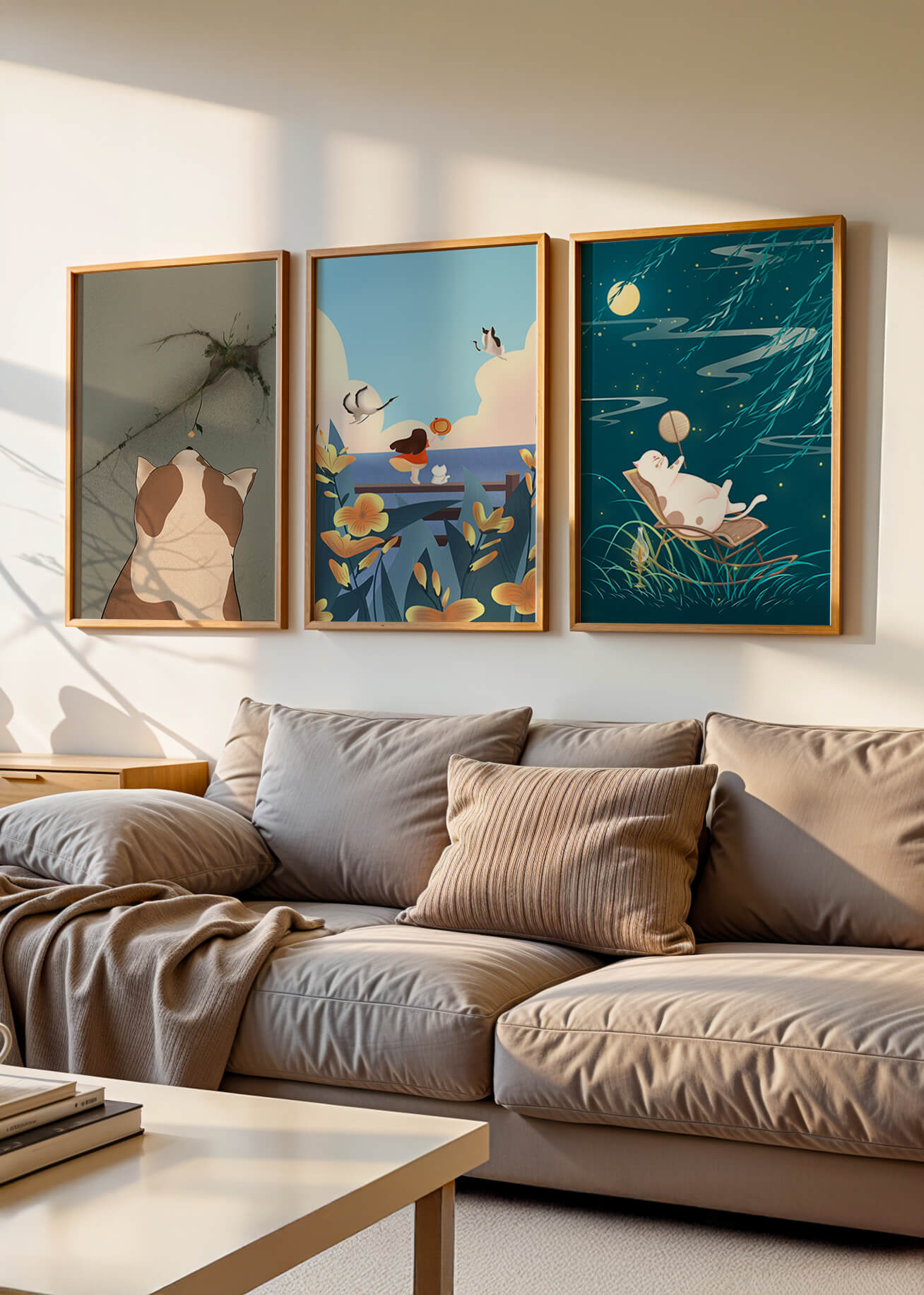 Tríptico de Arte con Animales y Paisajes Ilustrados