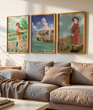 Conjunto de cuadros ilustrativos sin marco en ambiente moderno