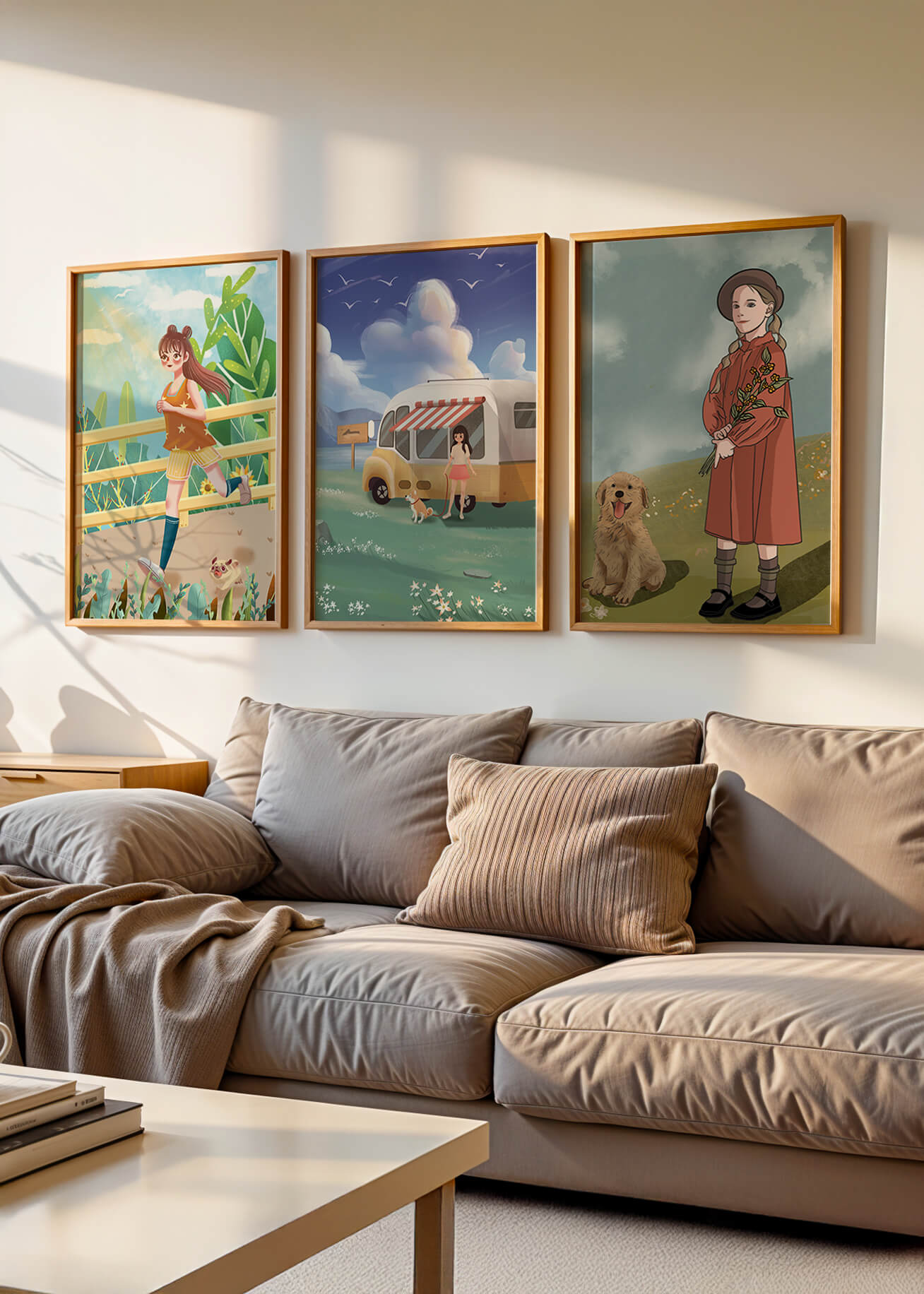 Conjunto de cuadros ilustrativos sin marco en ambiente moderno