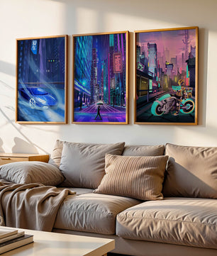 Ensemble d’impressions d’art futuriste avec des villes et des véhicules