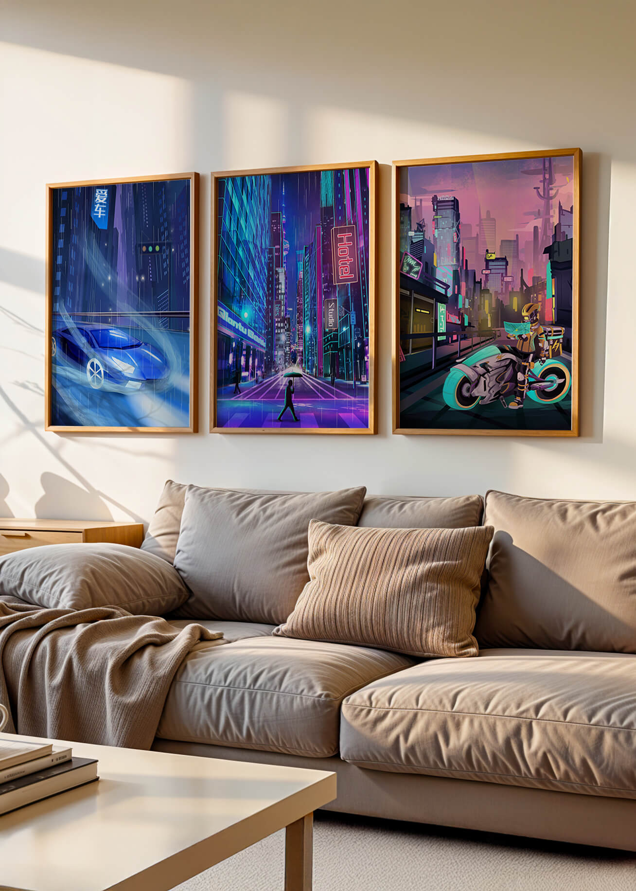 Ensemble d’impressions d’art futuriste avec des villes et des véhicules