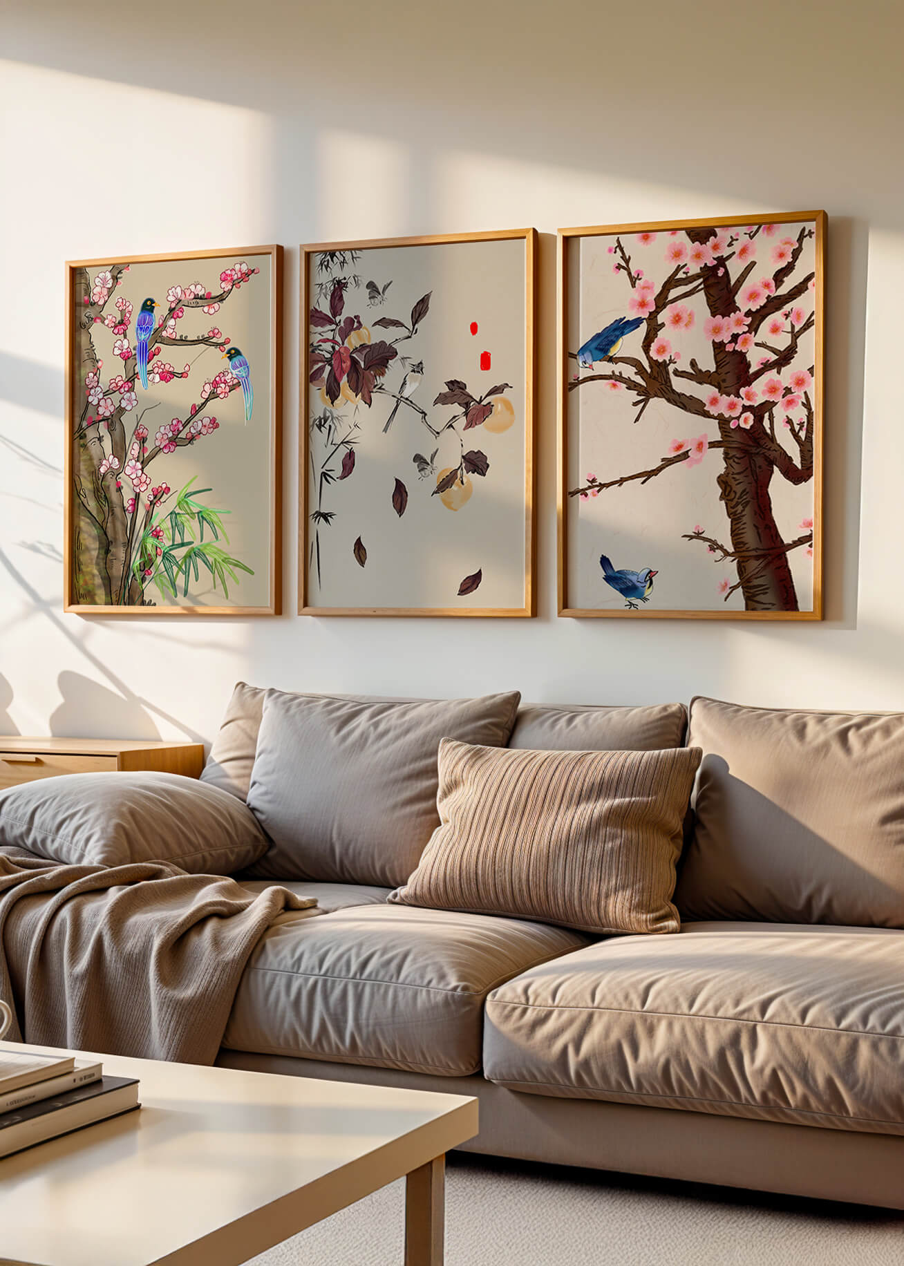 Dreier-Set mit Vogel- und Blumenmotiven im asiatischen Stil