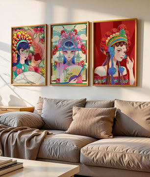 Bunte Postermotive im asiatischen Stil für modernes Interieur