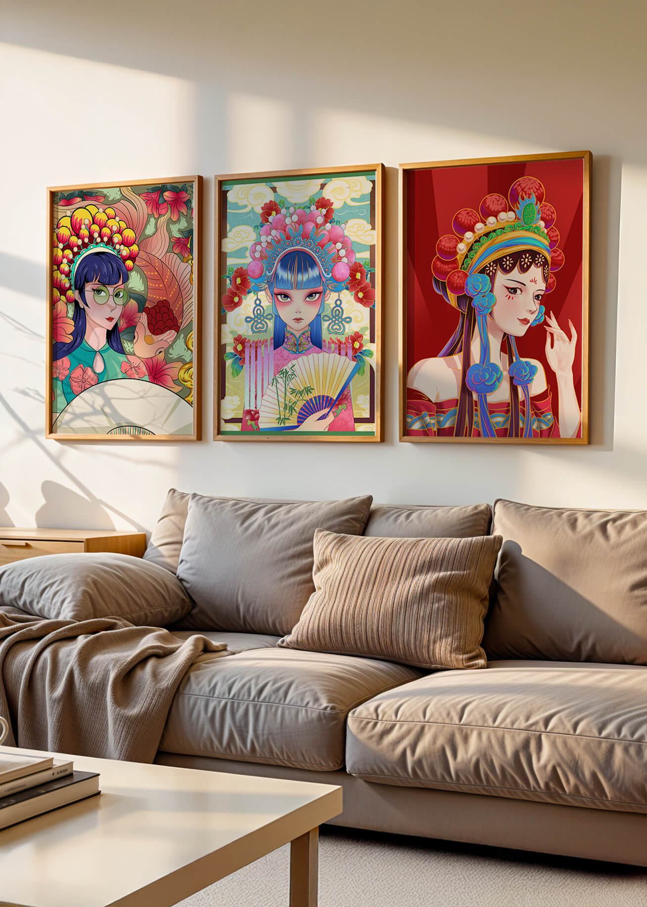 Bunte Postermotive im asiatischen Stil für modernes Interieur