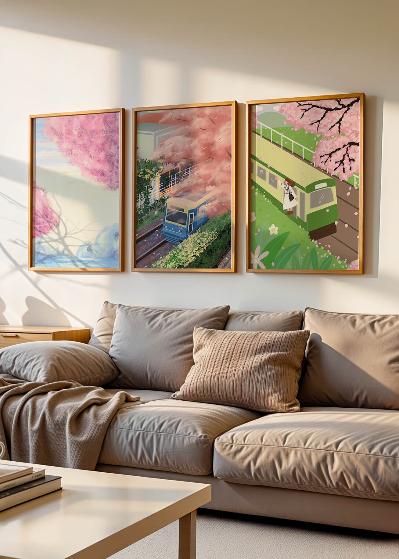Ensemble de trois tableaux avec des paysages de cerisiers et des trains