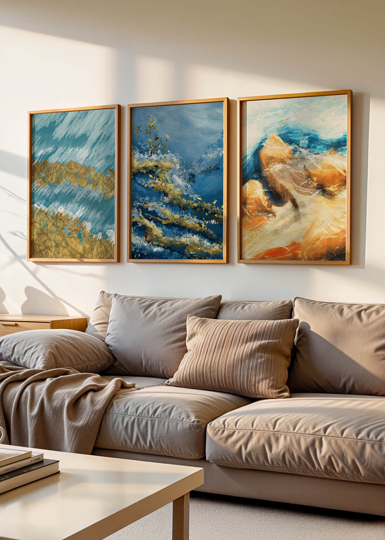 Ensemble de tableaux abstraits avec textures dorées au style moderne