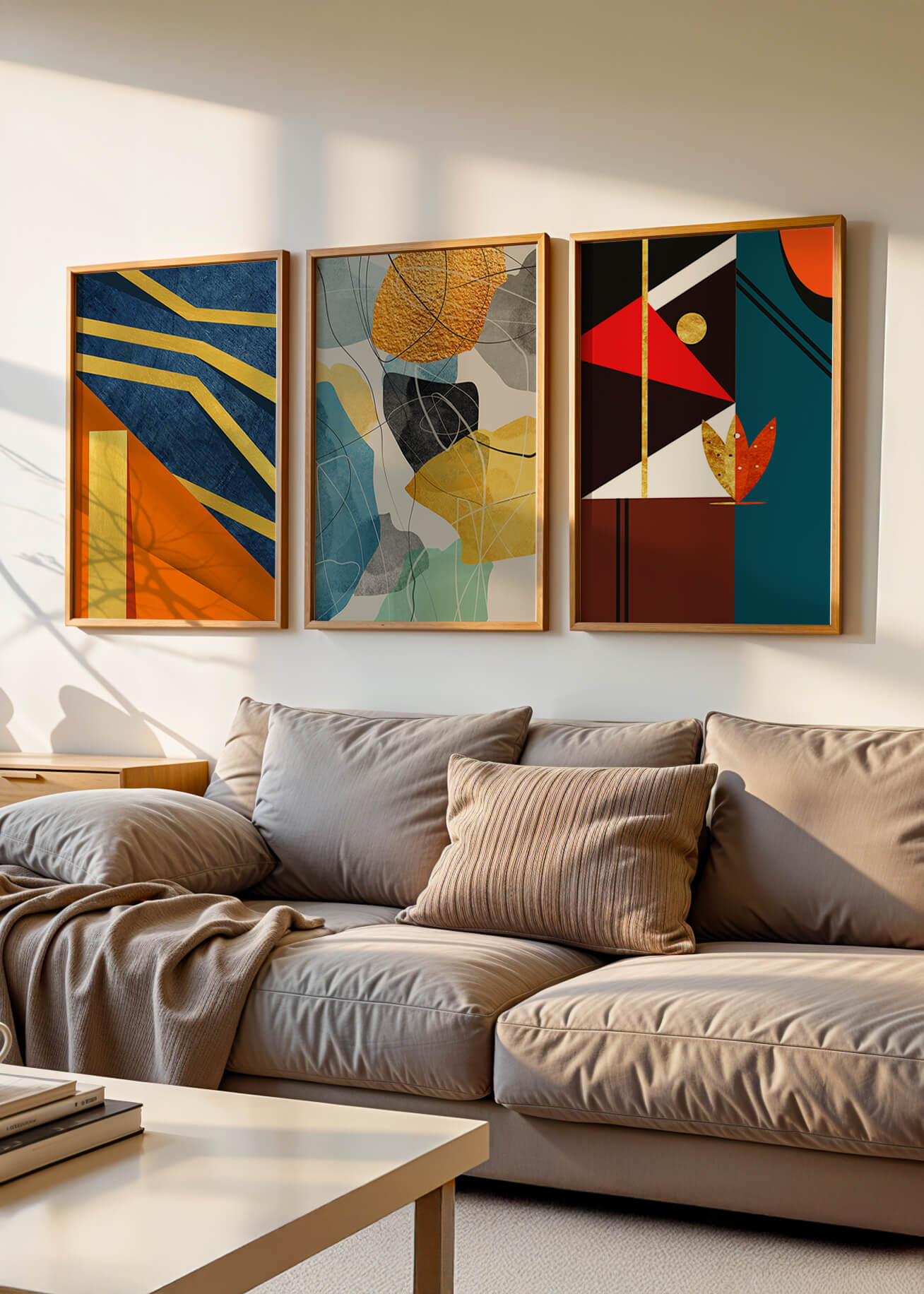 Conjunto De Tres Obras De Arte Geométrico Con Elementos Dorados Y Colores Vivos