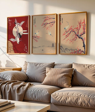 Ensemble de trois toiles avec grues et motifs naturels dans un style asiatique