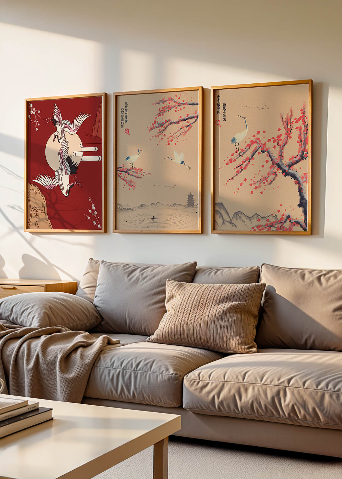 Ensemble de trois toiles avec grues et motifs naturels dans un style asiatique