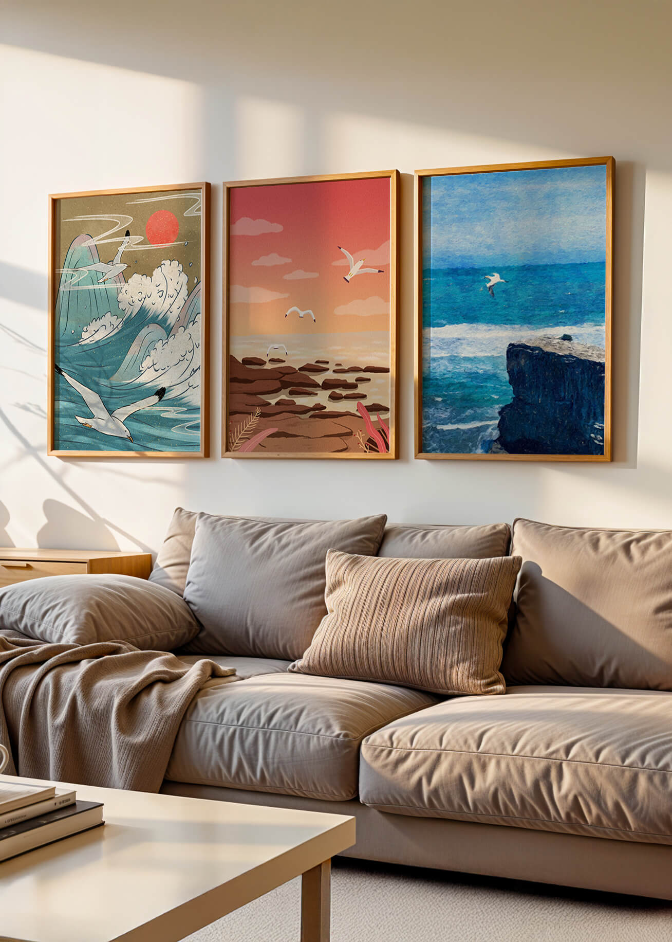 Tríptico de Paisajes Marinos con Aves