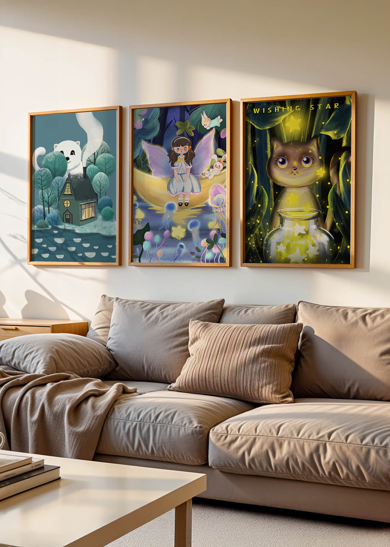 Mur avec trois tableaux artistiques sans cadre dans un environnement lumineux