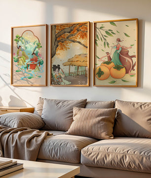Set asiatischer Kunst auf Leinwänden ohne Rahmen mit natürlichen Motiven