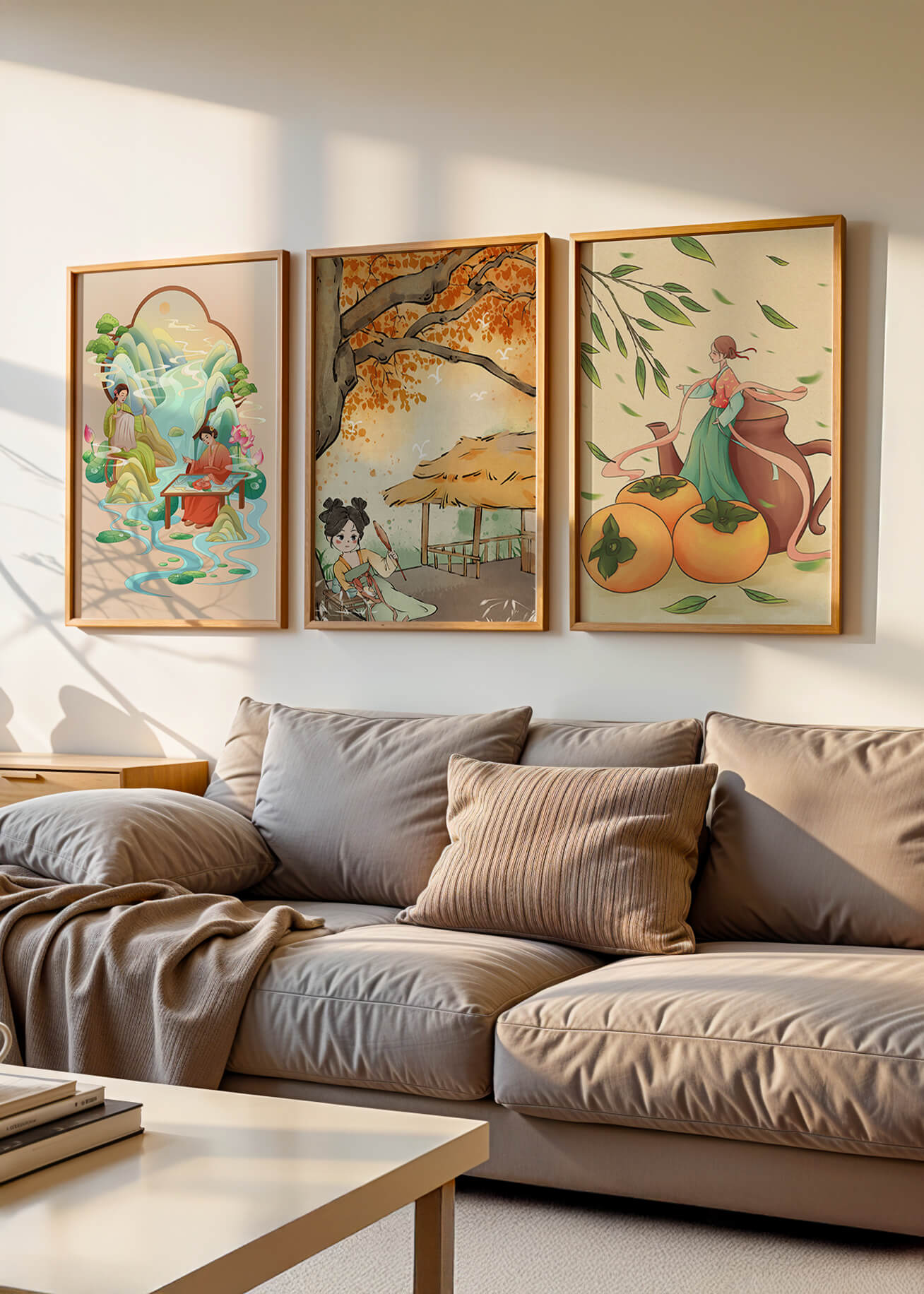 Set asiatischer Kunst auf Leinwänden ohne Rahmen mit natürlichen Motiven
