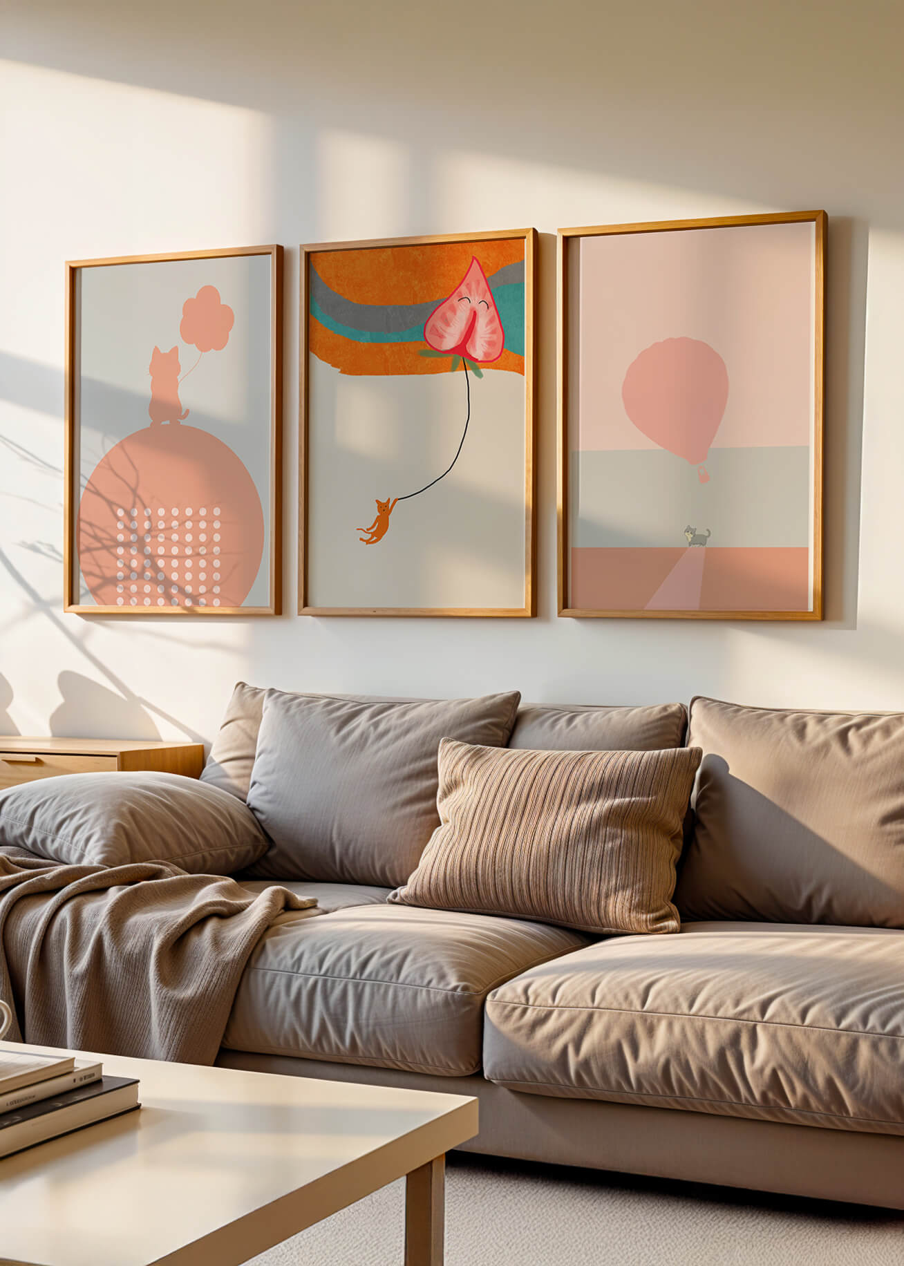 Triptyque d’art minimaliste avec des chats et des ballons