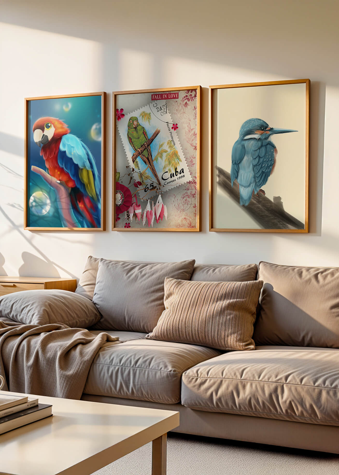 Arte Decorativo con Pájaros Coloridos en Impresión de Alta Calidad