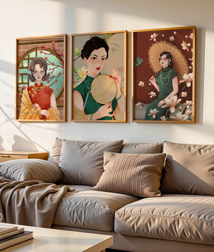 Cuadros Decorativos con Mujeres y Motivos Florales Asiáticos