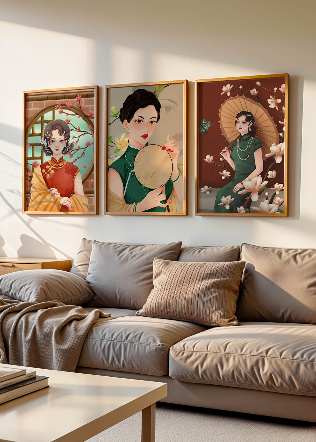 Cuadros Decorativos con Mujeres y Motivos Florales Asiáticos