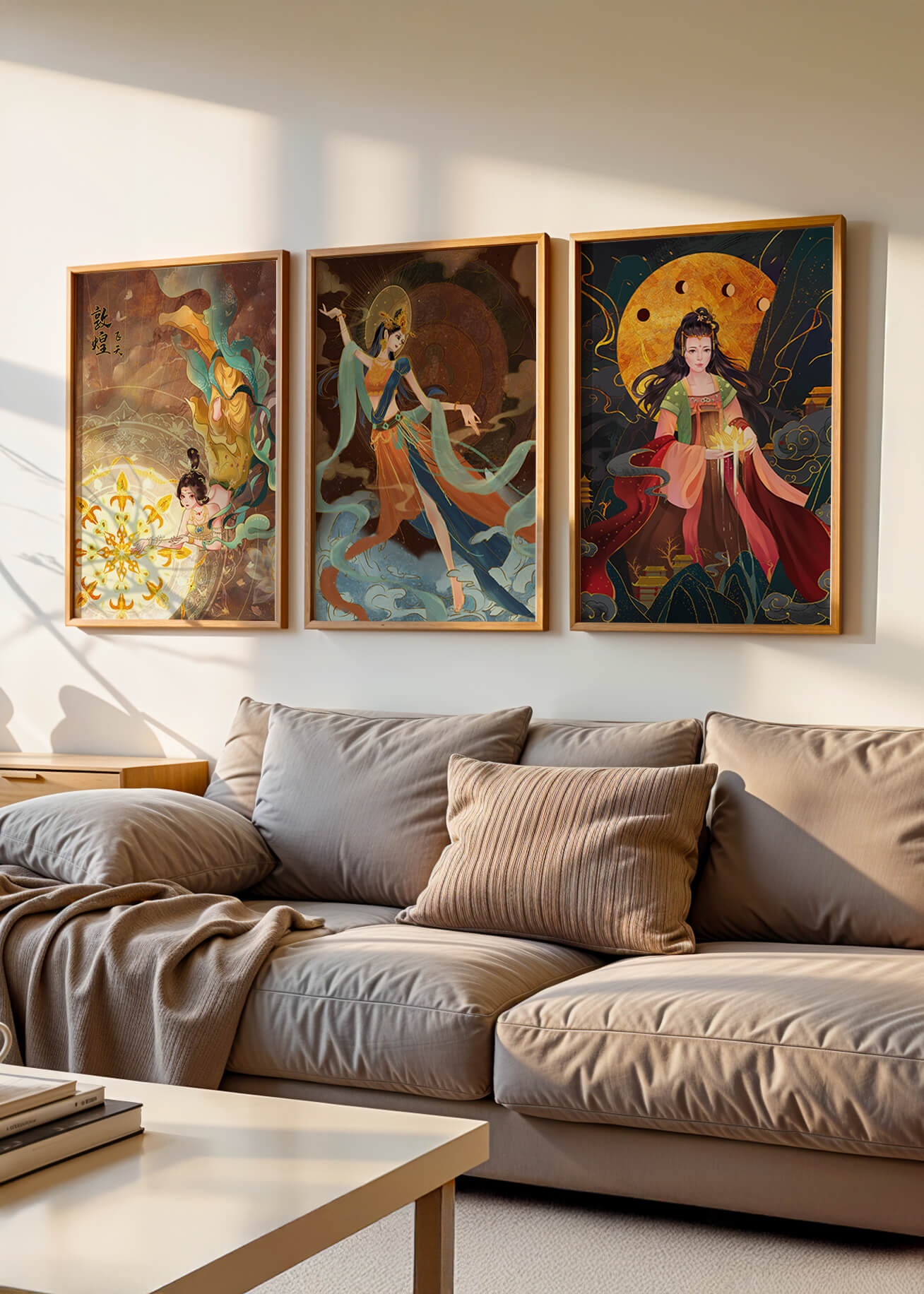 Impresiones de arte asiático con figuras femeninas y elementos dorados