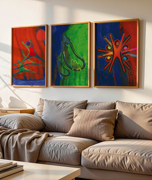 Conjunto de Tres Obras de Arte Abstracto con Elementos en Colores Vibrantes