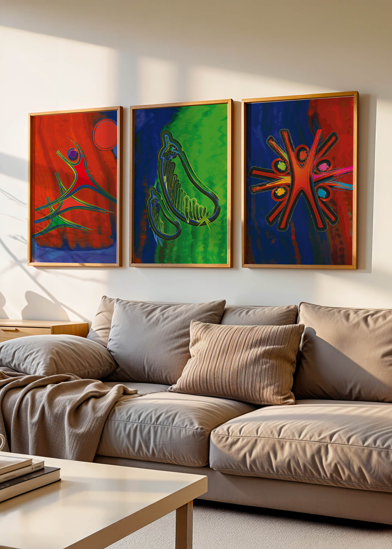 Conjunto de Tres Obras de Arte Abstracto con Elementos en Colores Vibrantes