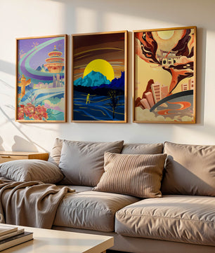 Set aus abstrakter Kunst mit Landschaften und modernem Design