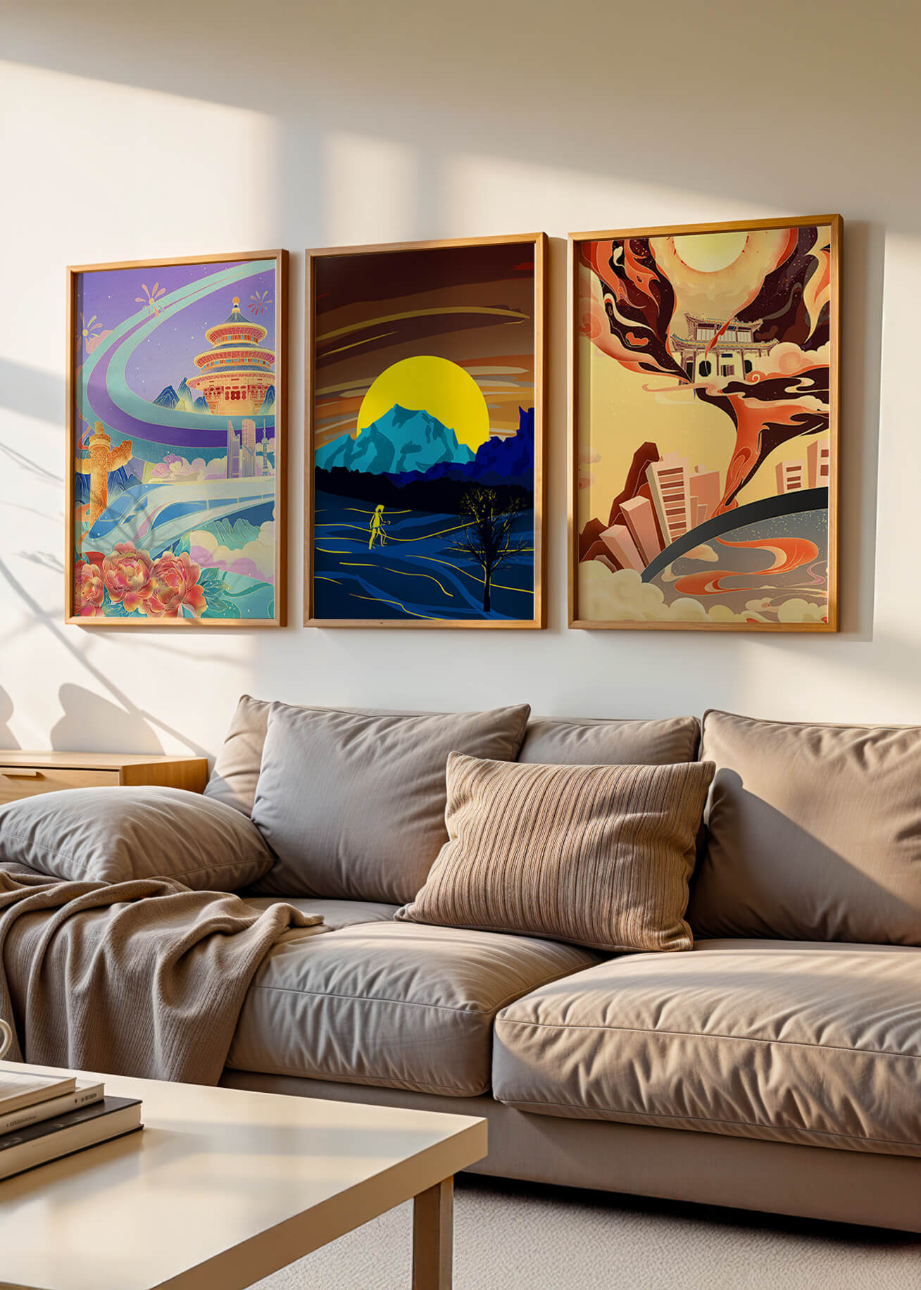 Set aus abstrakter Kunst mit Landschaften und modernem Design