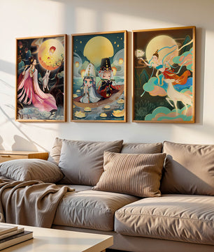 Peintures fantastiques avec lune pleine et personnages mythologiques