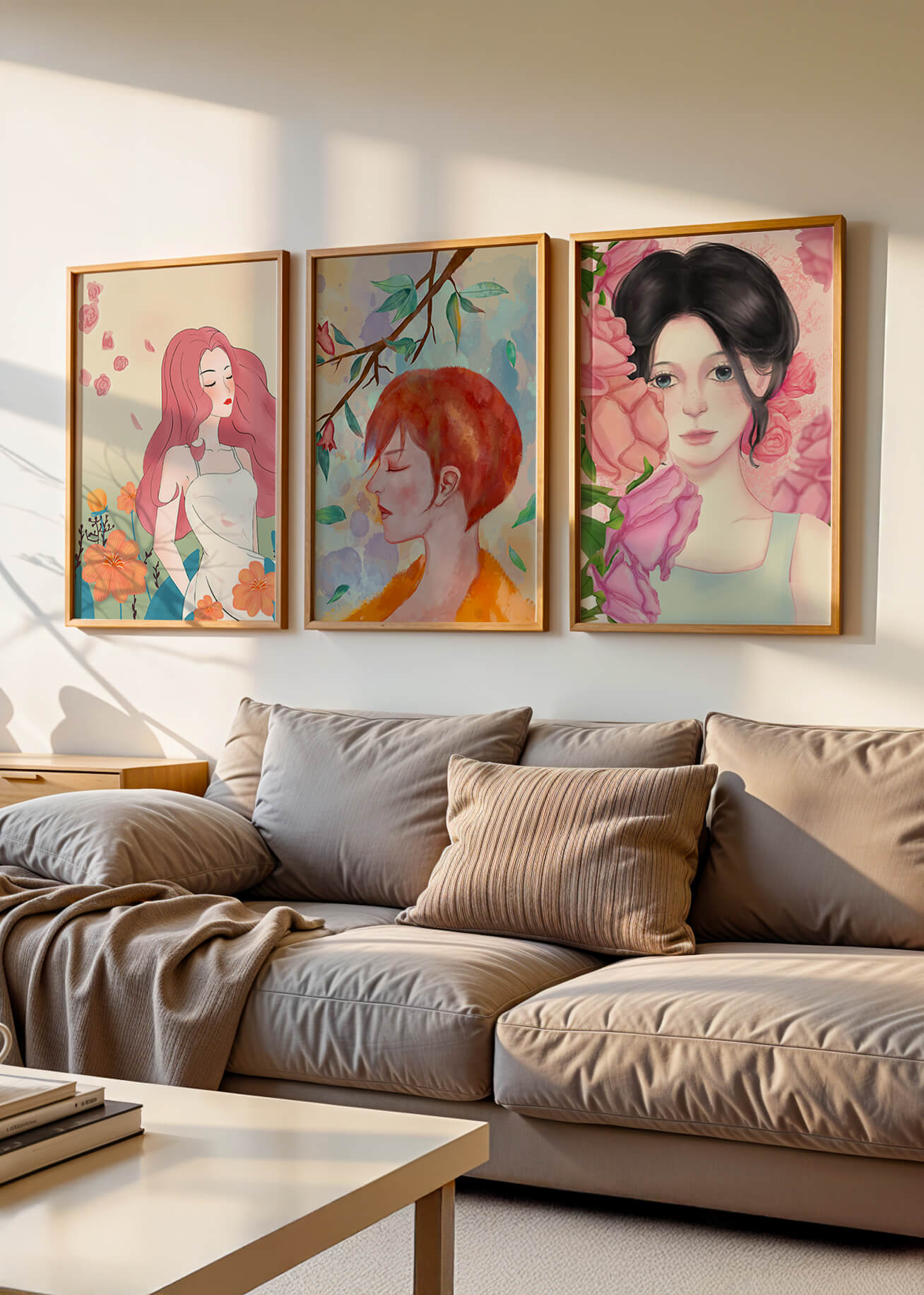 Peintures modernes de femmes avec fleurs en décoration intérieure