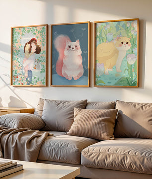 Ensemble de trois tableaux avec des chats et un design floral dans des tons pastel