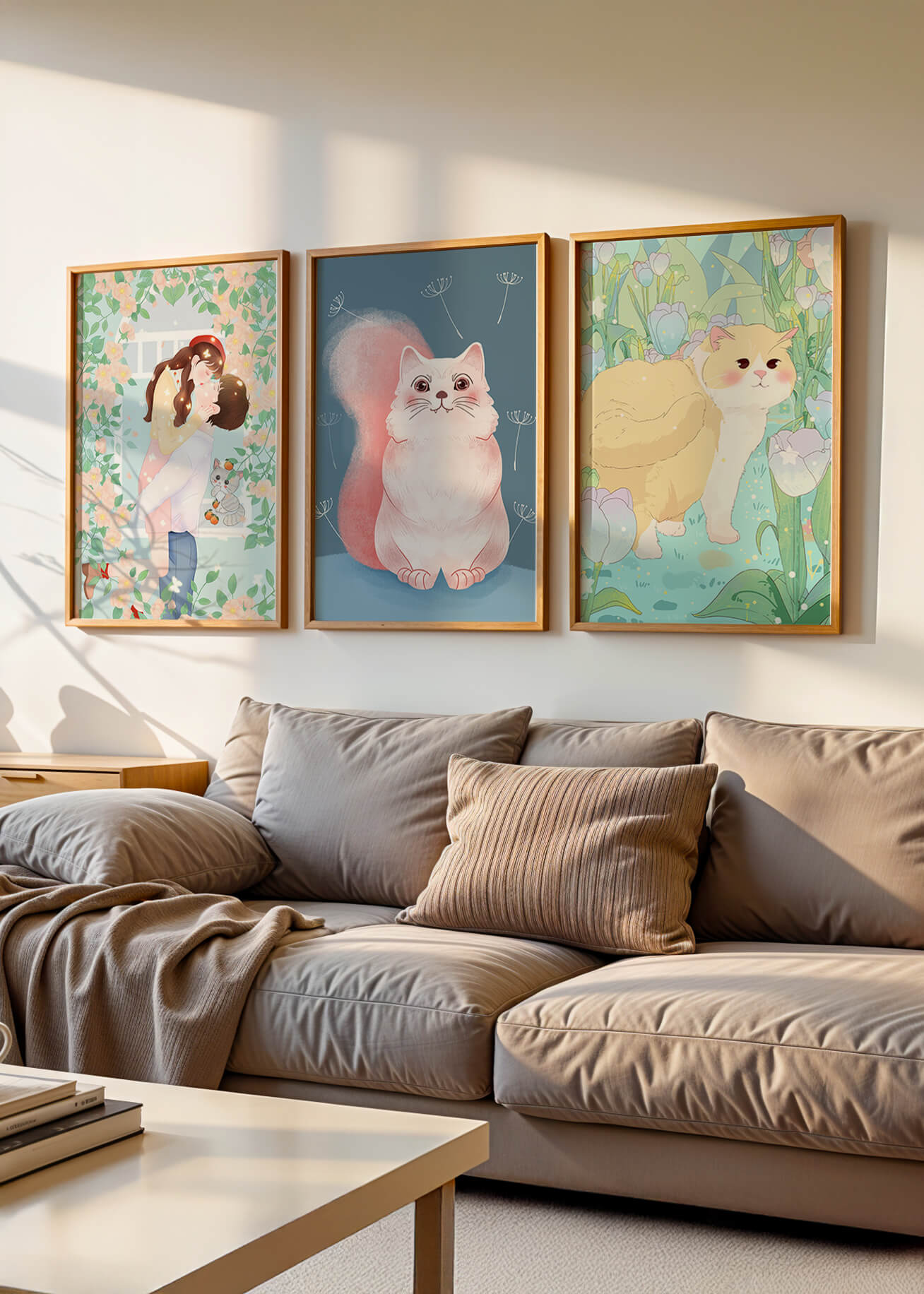 Ensemble de trois tableaux avec des chats et un design floral dans des tons pastel