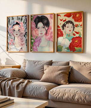 Ensemble de portraits féminins avec des fleurs dans un style artistique moderne