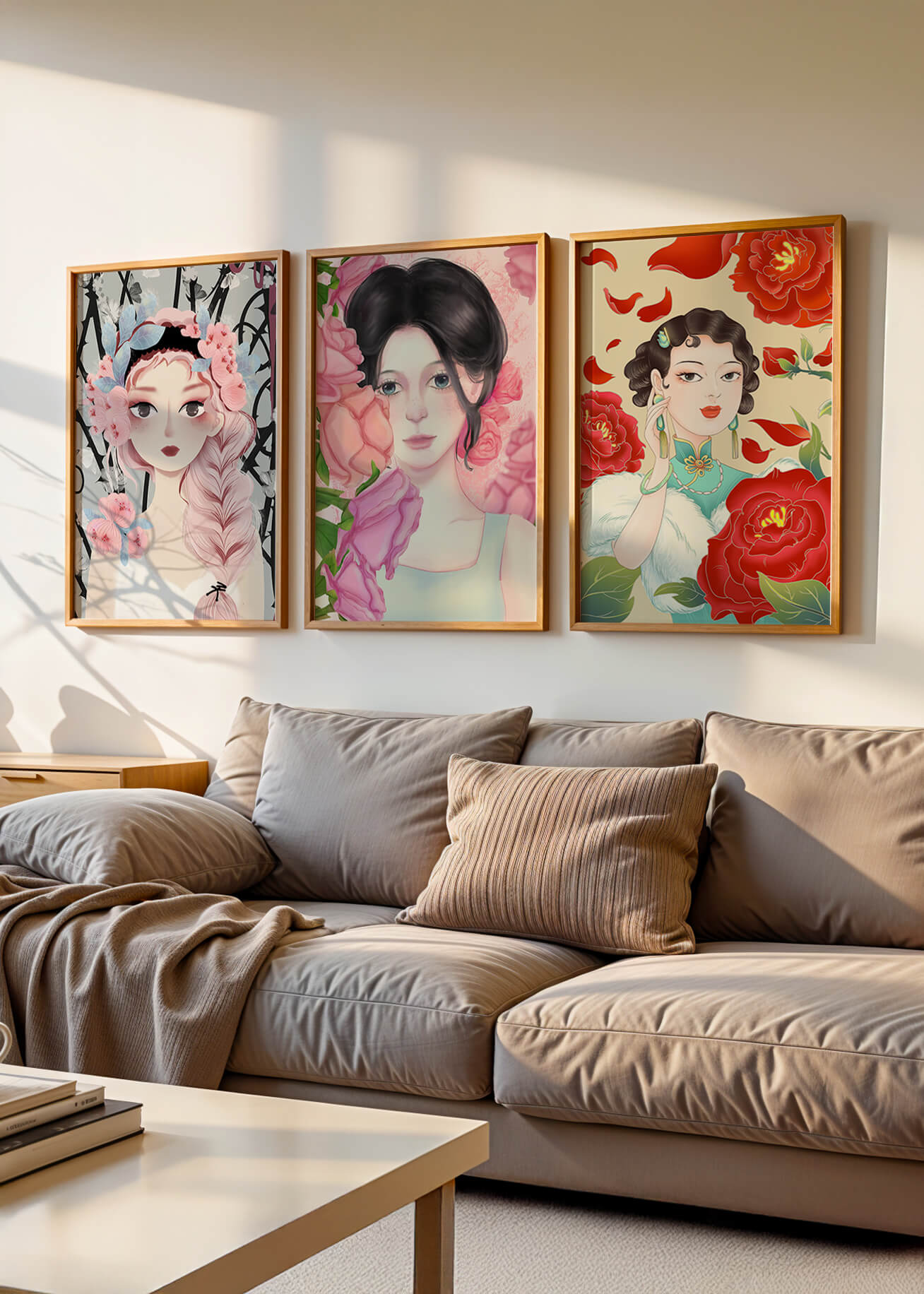Ensemble de portraits féminins avec des fleurs dans un style artistique moderne