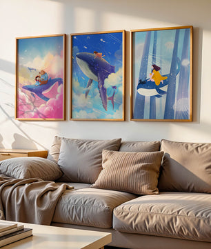 Tableaux fantastiques avec des baleines volantes pour décoration enfantine