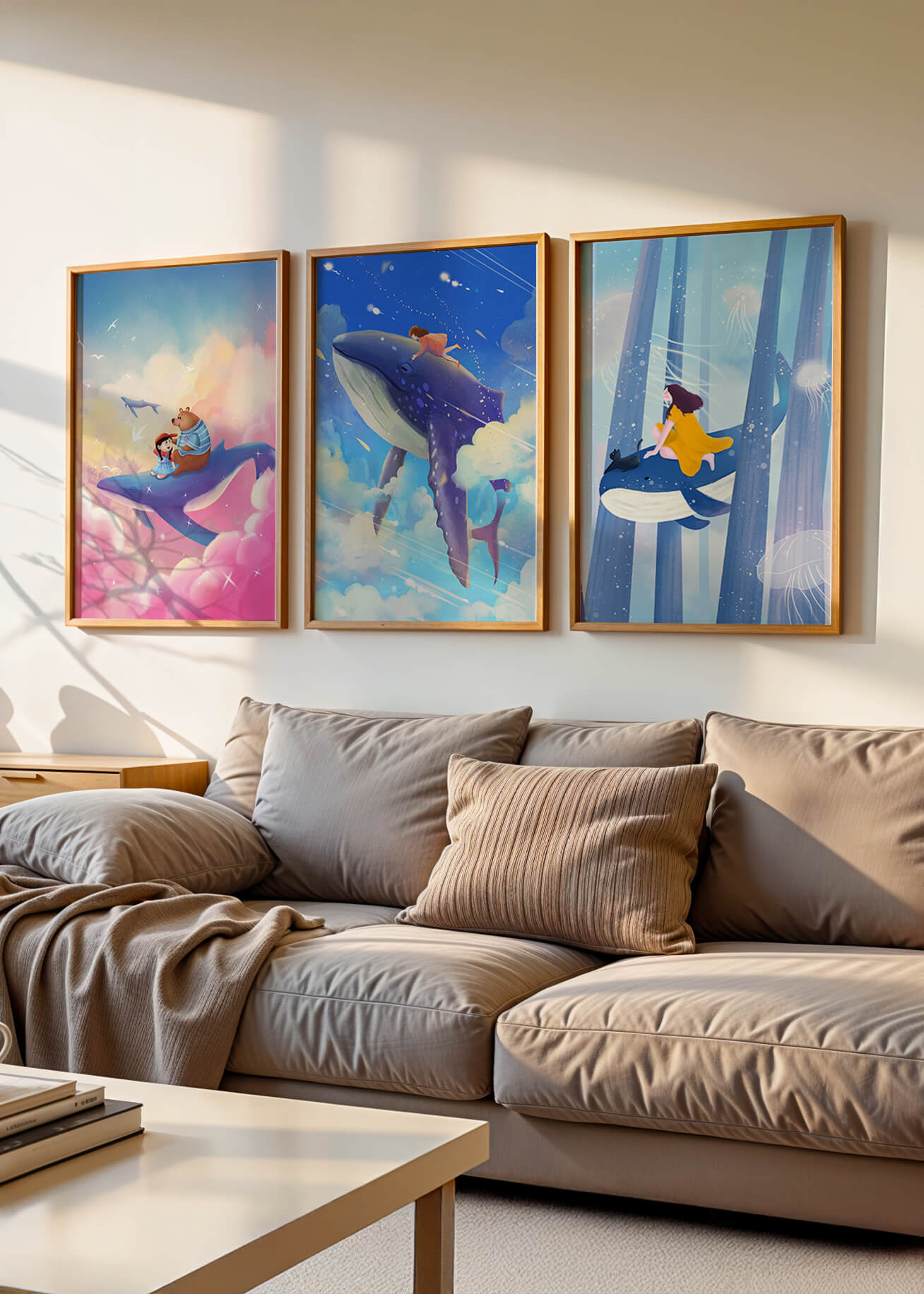 Tableaux fantastiques avec des baleines volantes pour décoration enfantine