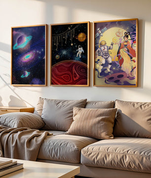 Triptyque d'art spatial avec astronautes en impression de haute qualité