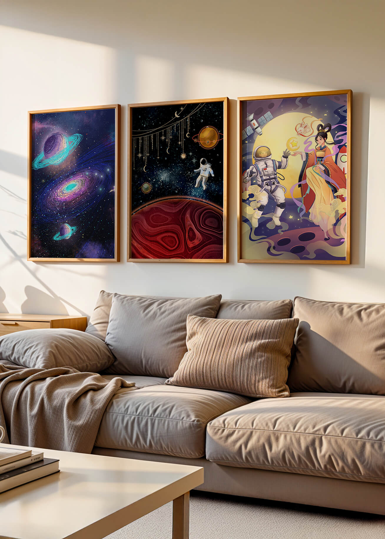 Tríptico De Arte Espacial Con Astronautas En Impresión De Alta Calidad