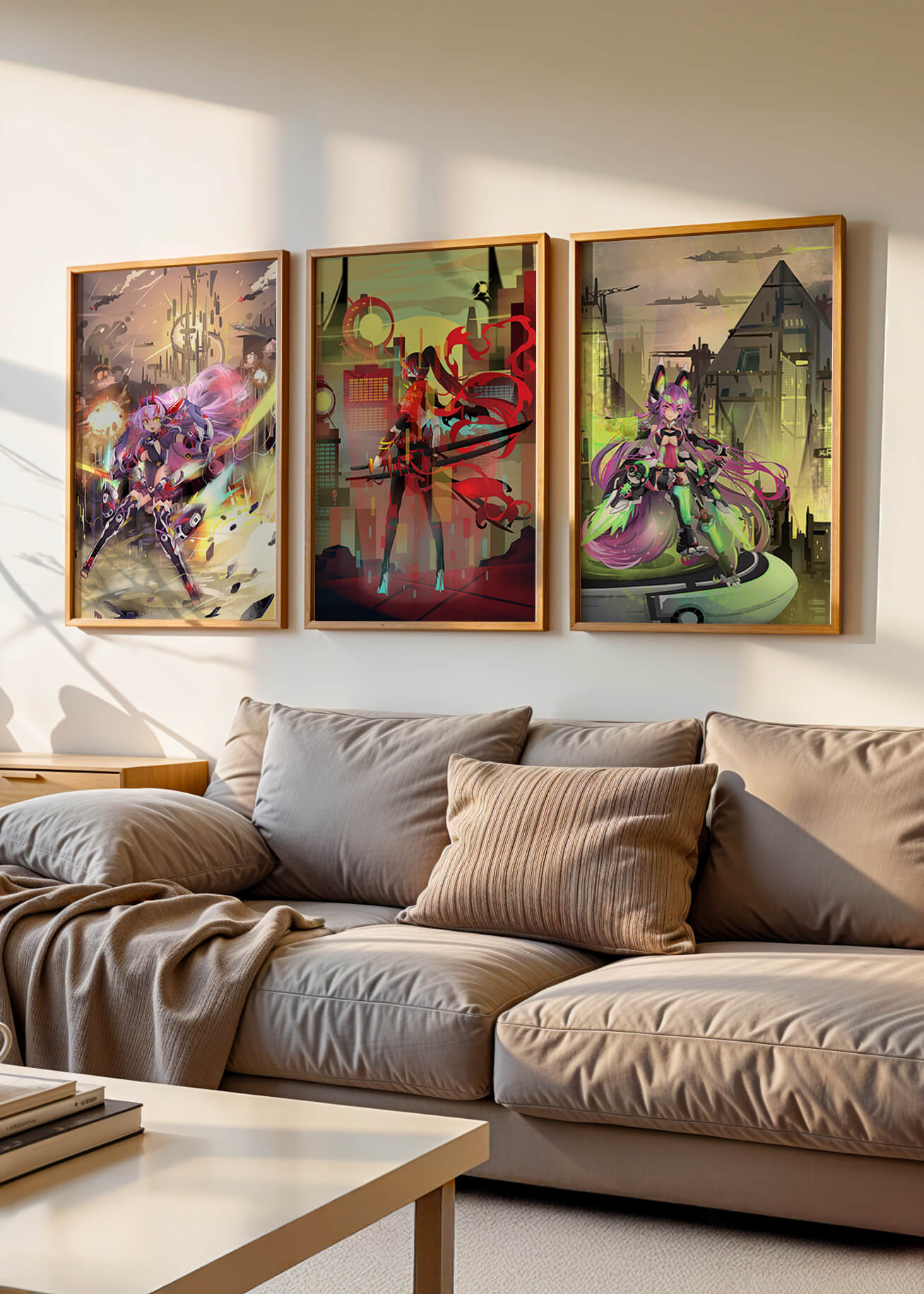 Conjunto De Tres Imágenes Futuristas De Personajes Anime En Una Habitación Moderna