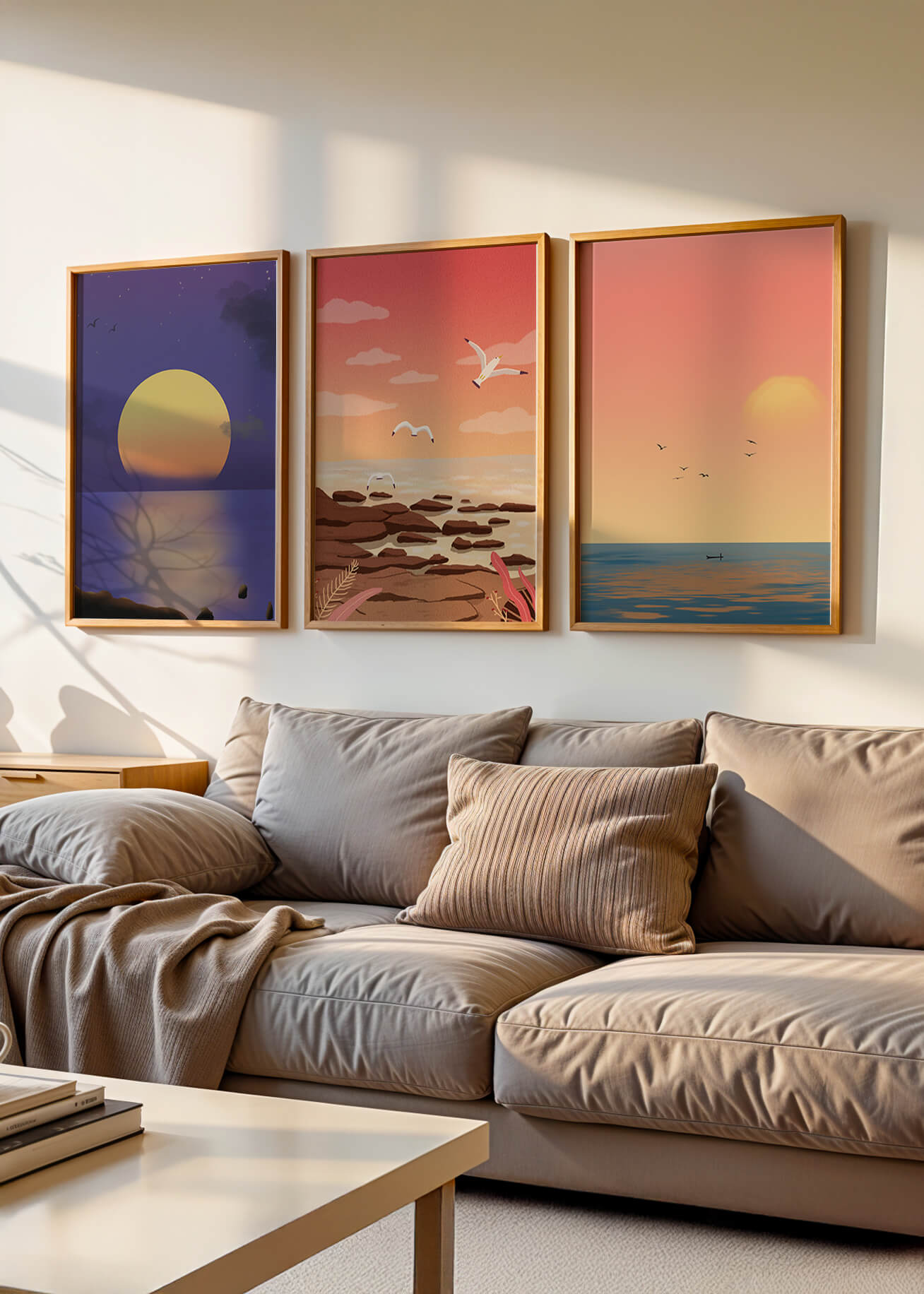 Ensemble de tableaux avec des paysages au coucher et au lever du soleil