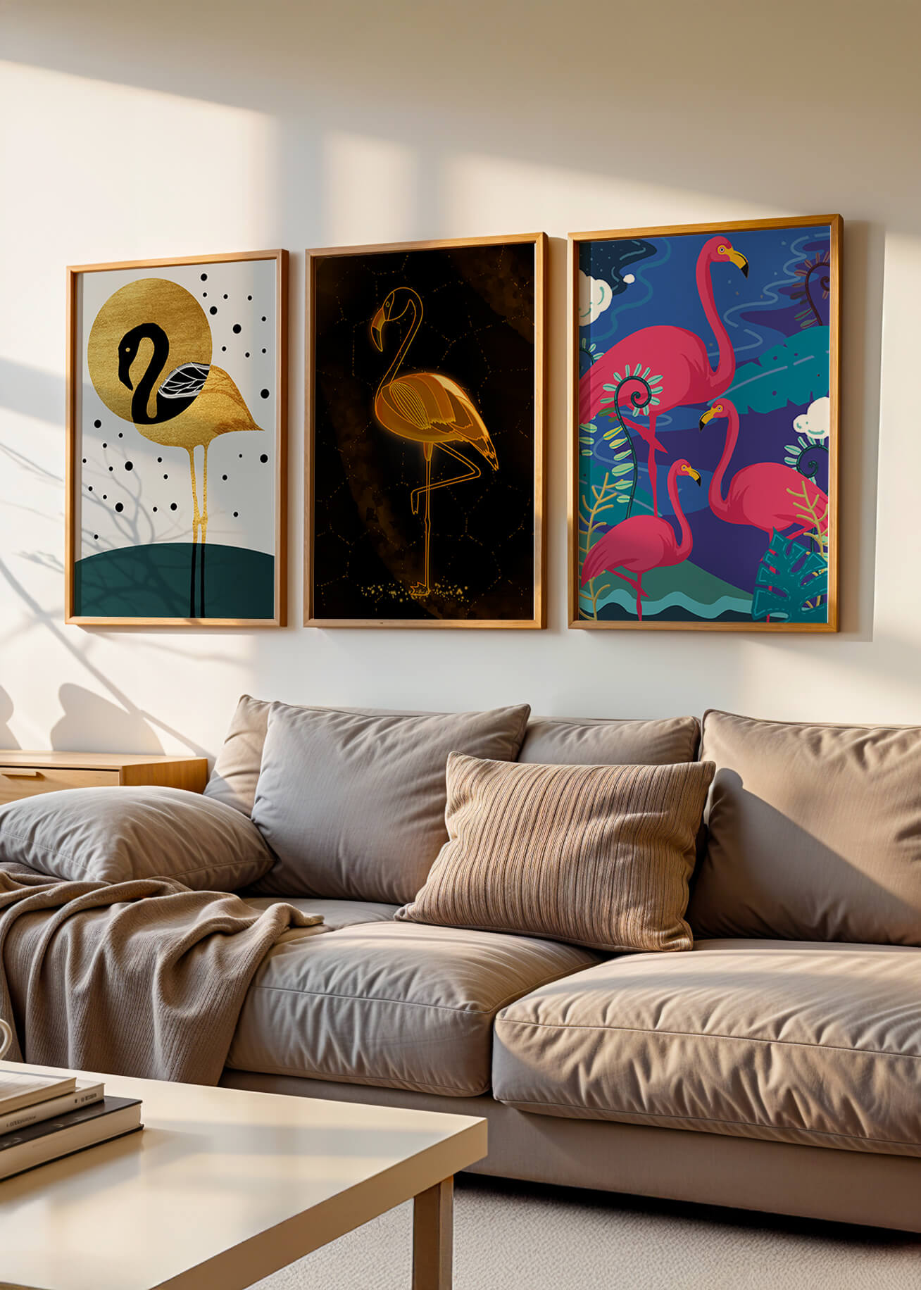 Triptyque de flamants roses avec détails dorés et design moderne