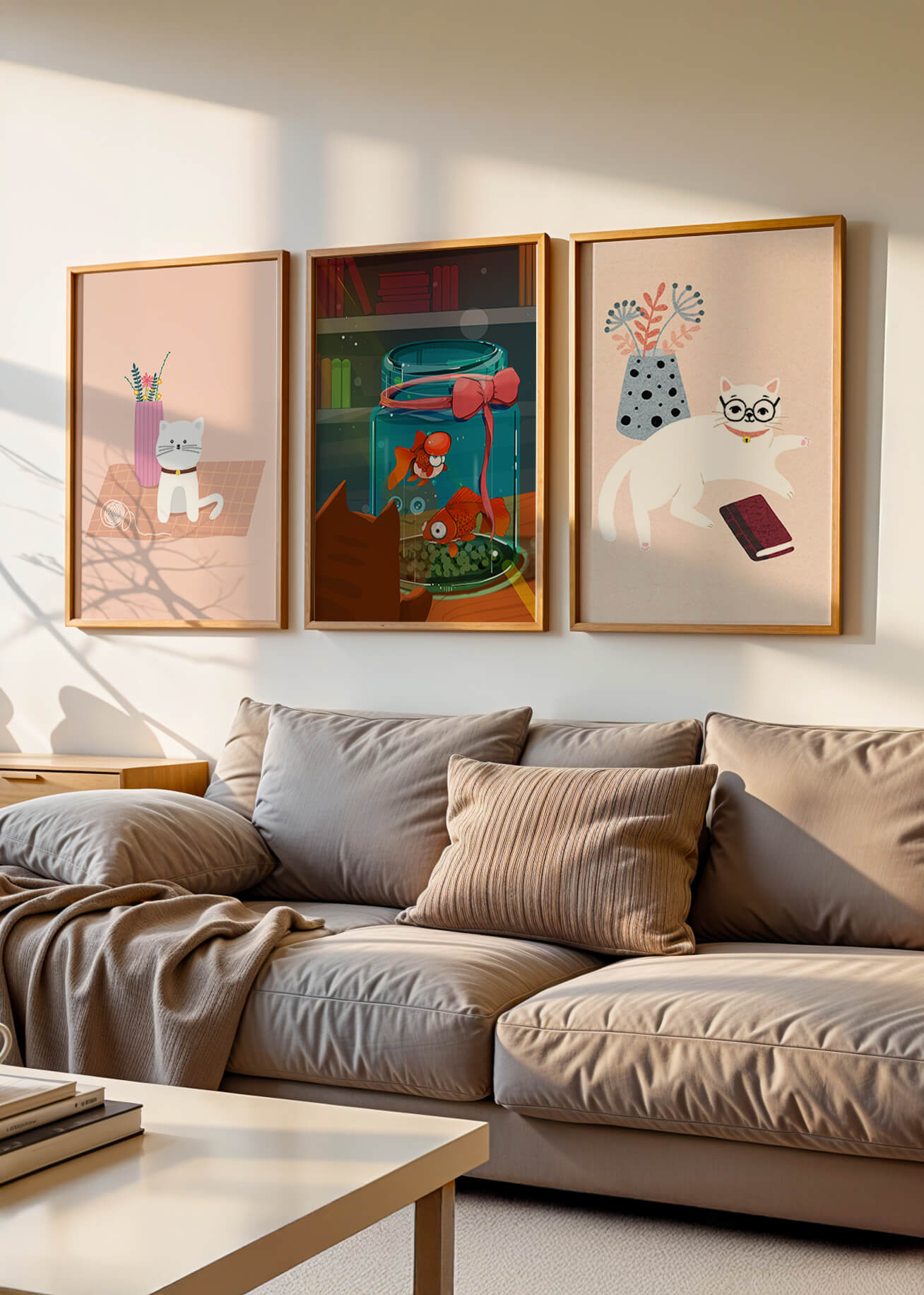 Ensemble de tableaux modernes avec des chats et un aquarium