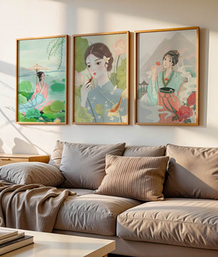 Künstlerische Porträts von Frauen im orientalischen Stil mit Blumen und Naturlandschaften