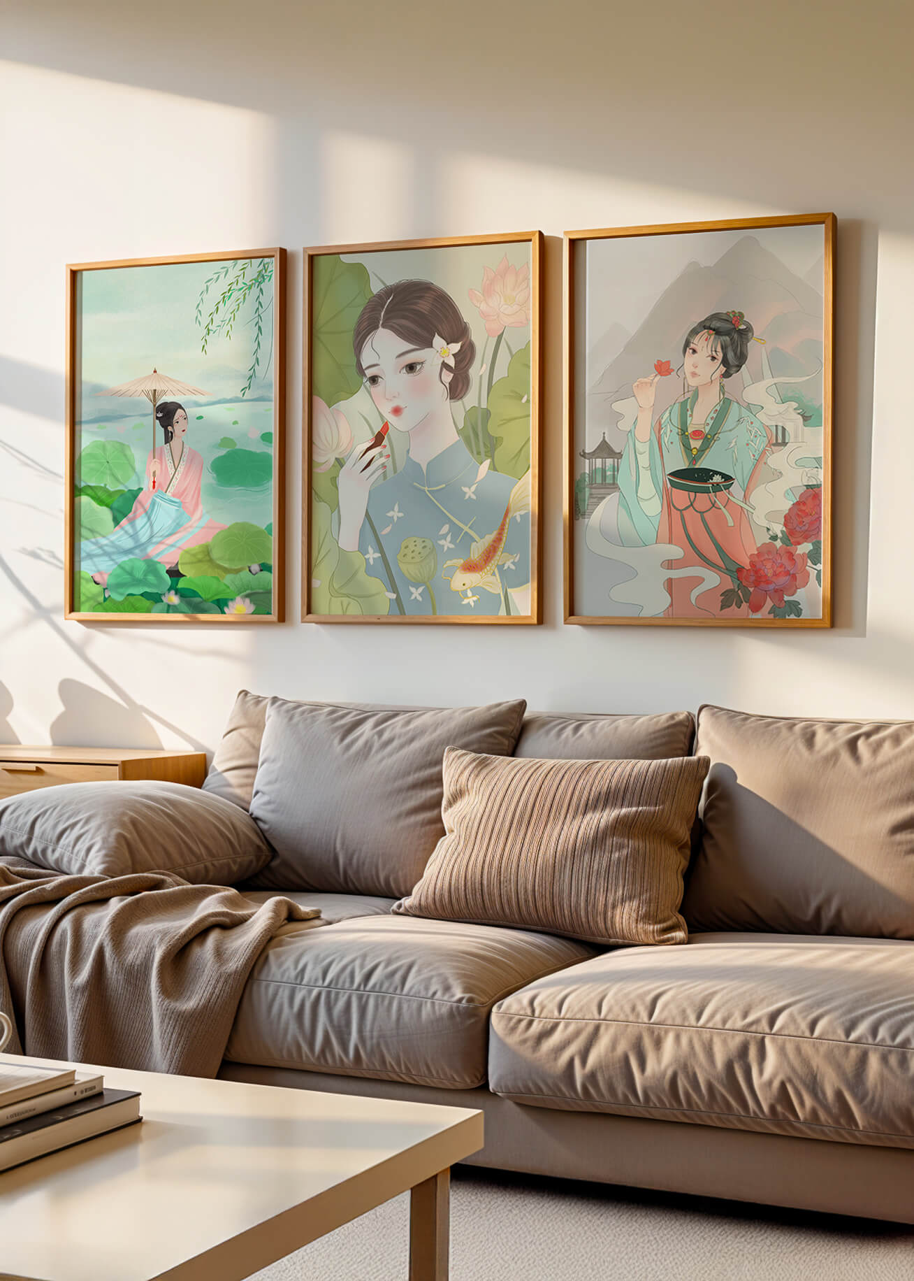 Künstlerische Porträts von Frauen im orientalischen Stil mit Blumen und Naturlandschaften