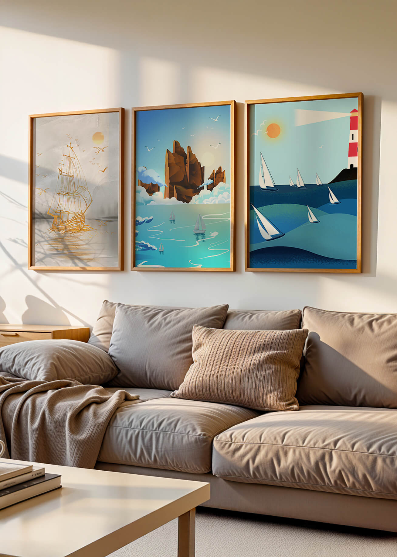 Triptyque de paysages marins avec bateaux et phare