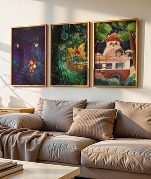 Triptyque d’illustrations fantastiques pour décoration enfantine