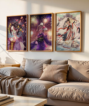 Triptyque d’art anime avec estampes de personnages en kimono