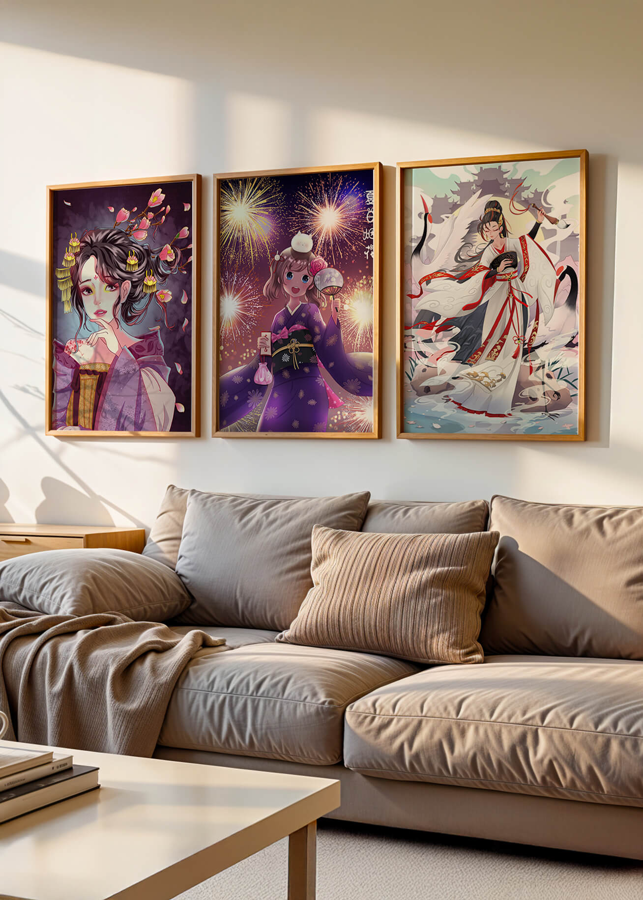 Tríptico de Arte Anime con Estampas de Personajes en Kimono