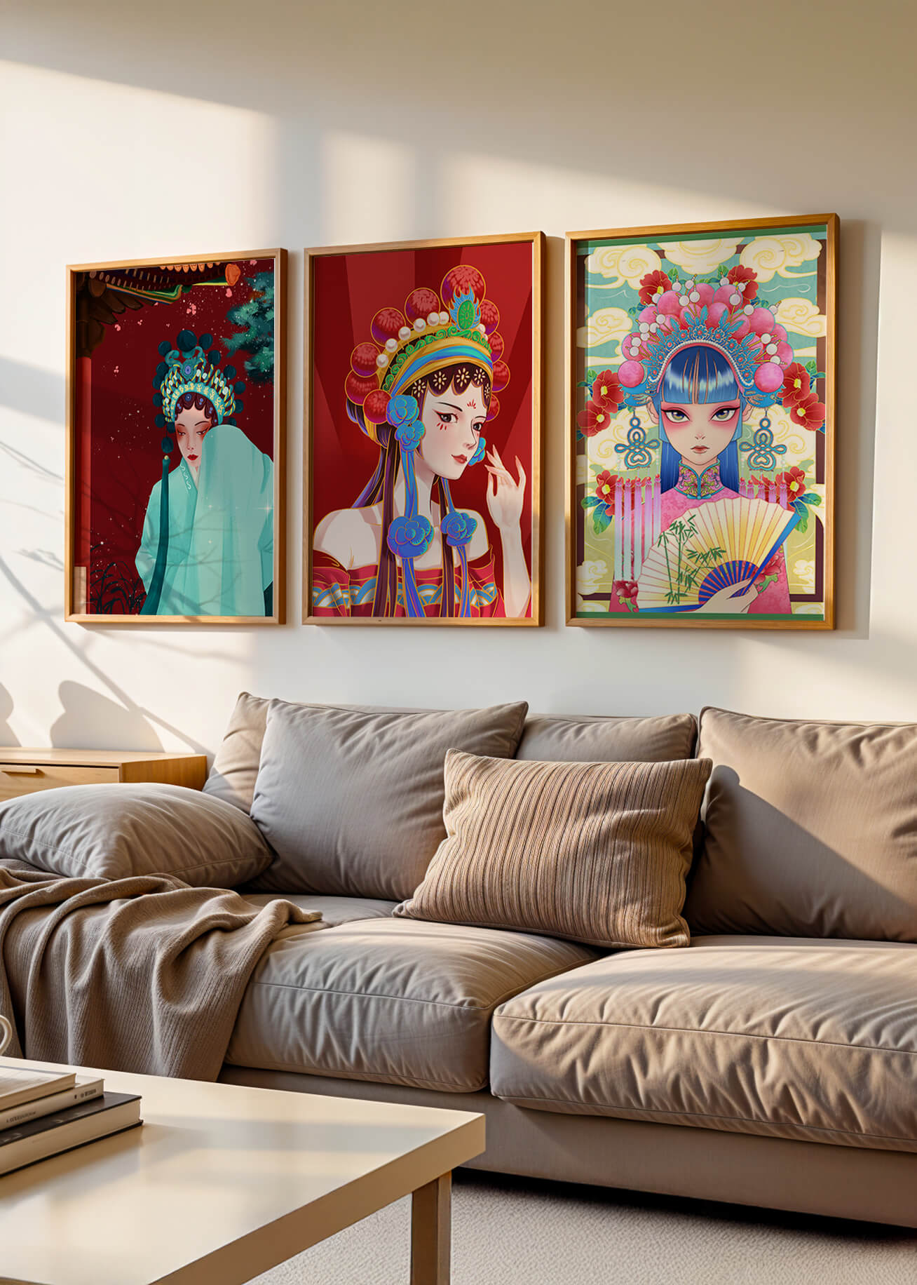 Set De Tres Ilustraciones Coloridas De Mujeres Con Tocados Tradicionales Asiáticos