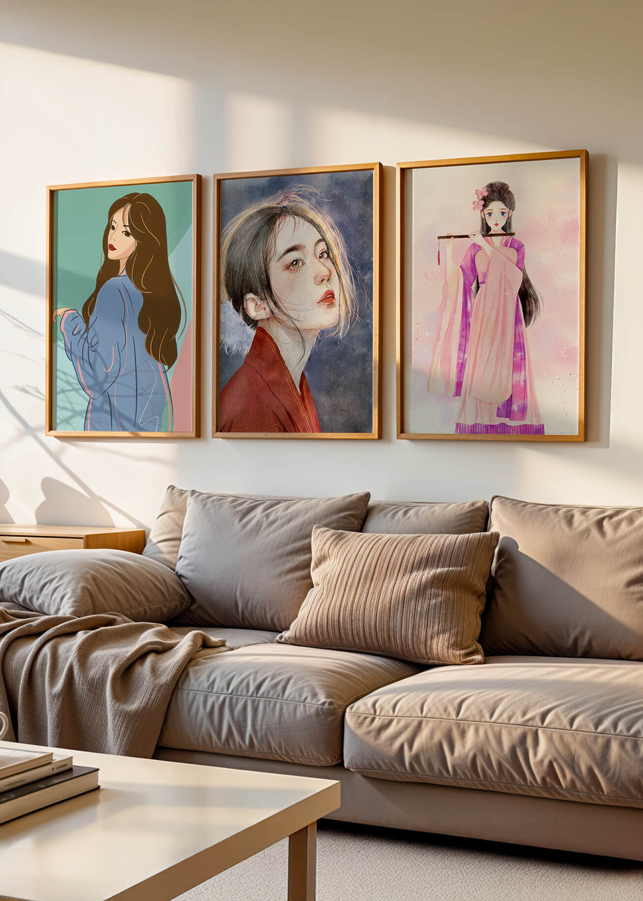 Tríptico de retratos femeninos en estilo moderno