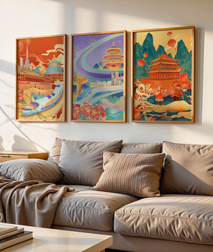 Affiches d’architecture asiatique avec trains et danses traditionnelles
